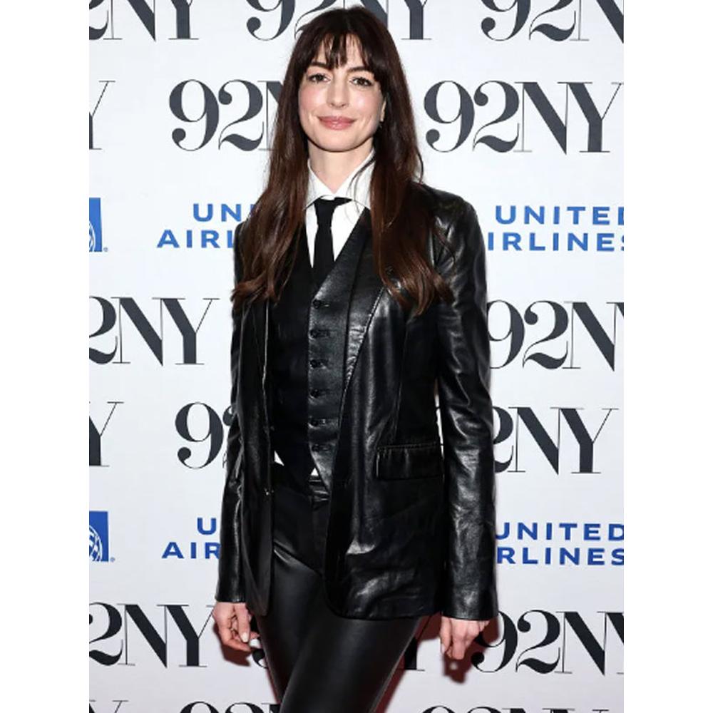Anne Hathaway Black Dress Black Leather Blazer