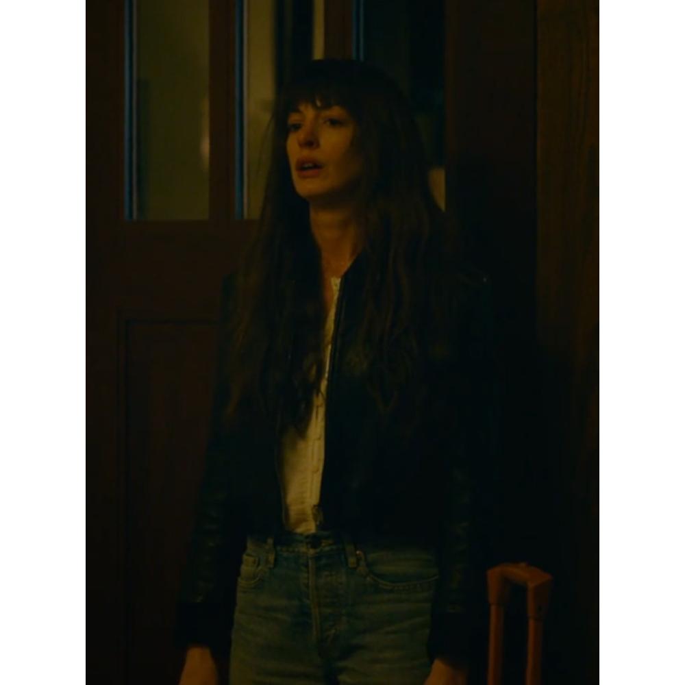 Anne Hathaway Black Dress Black Leather Bomber Jacket