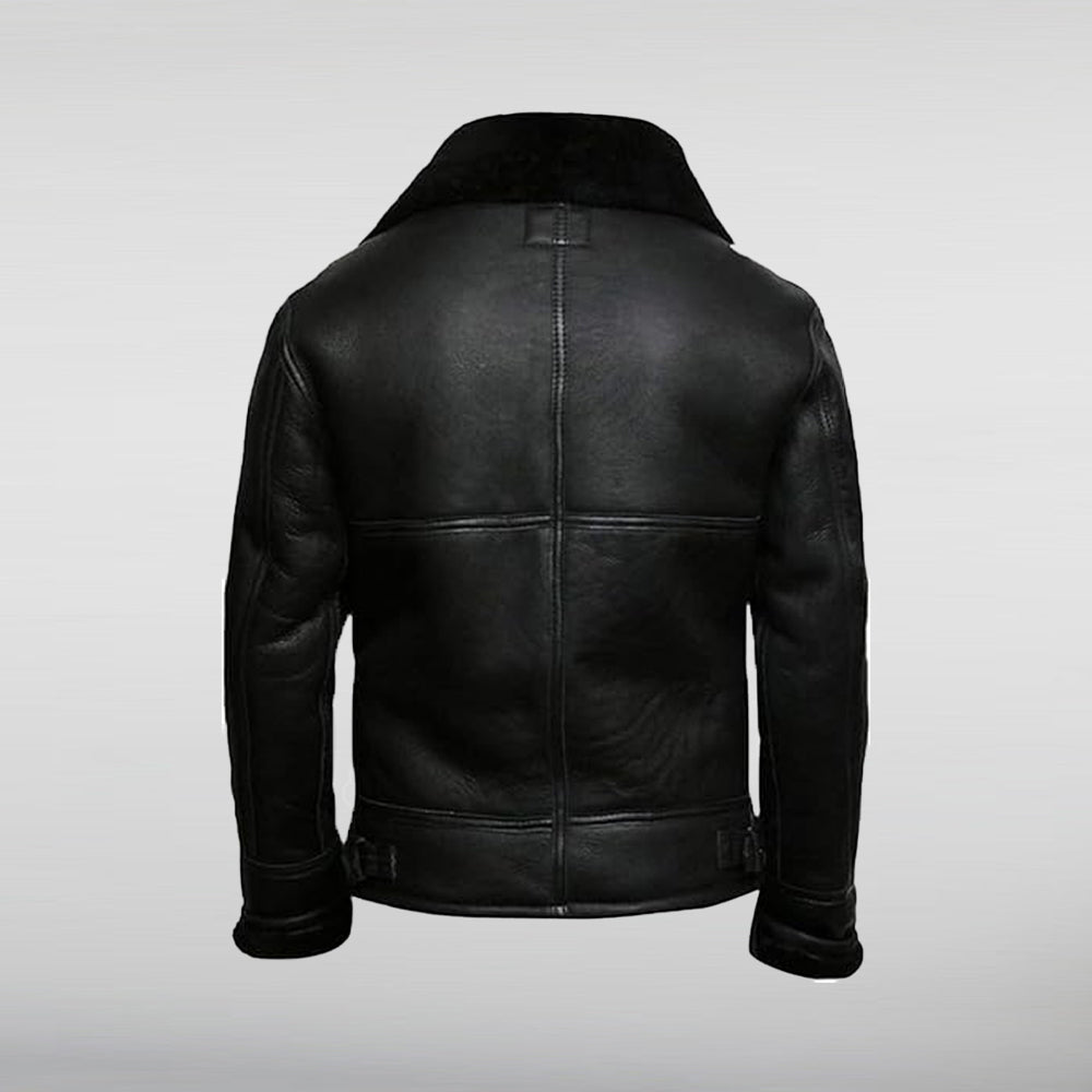 Black Aviator Fur Collar Genuine Leather Jacket