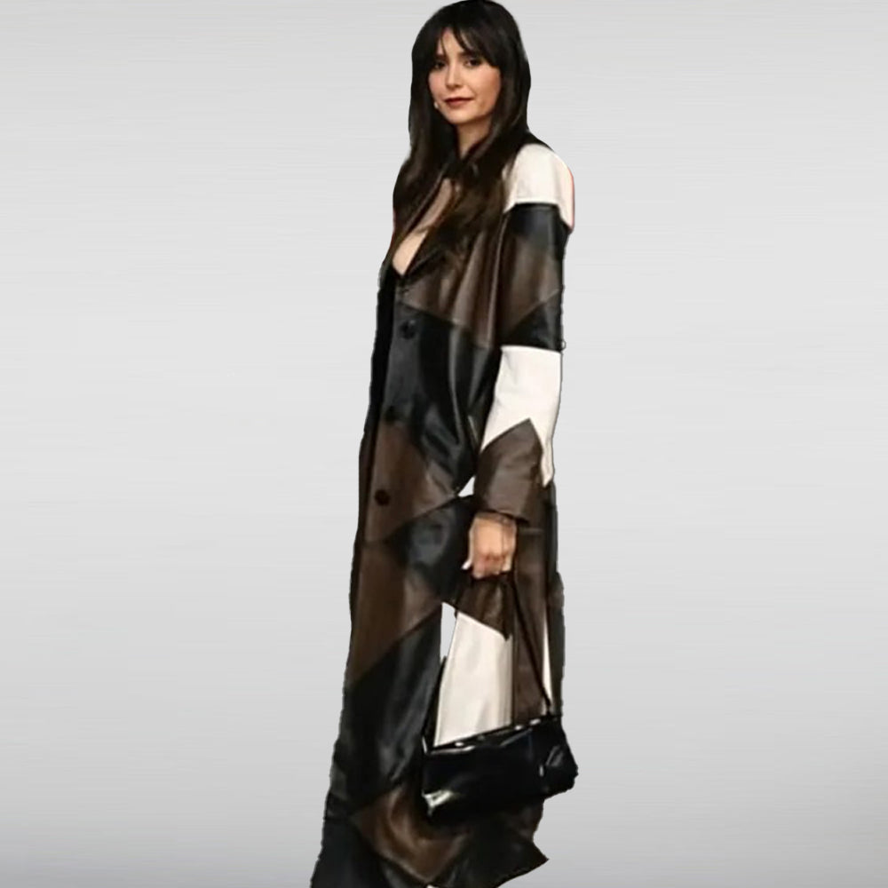 Nina Dobrev Patchwork Leather Coat