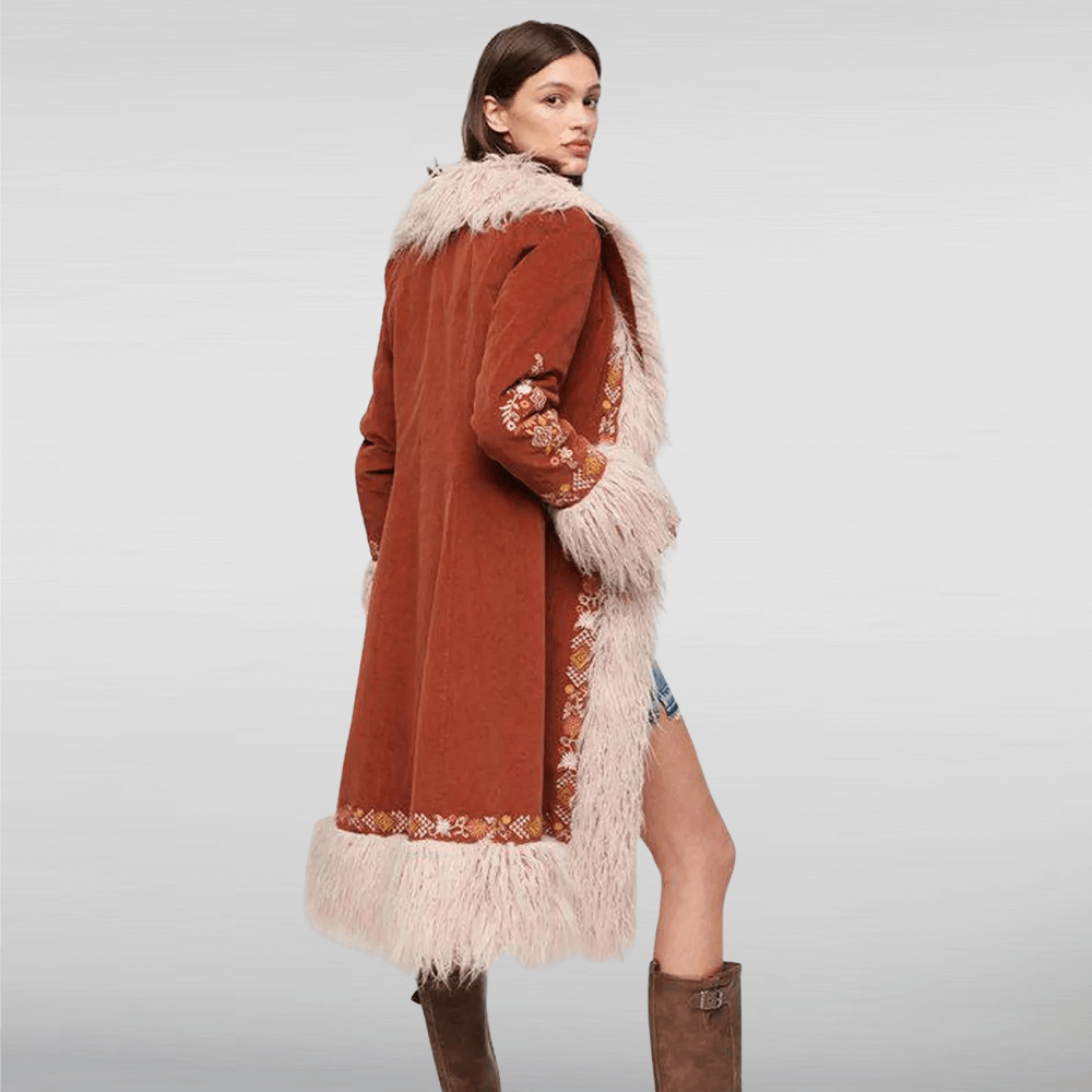 Reddish Rust Cotry Fabric Fur Collar Coat