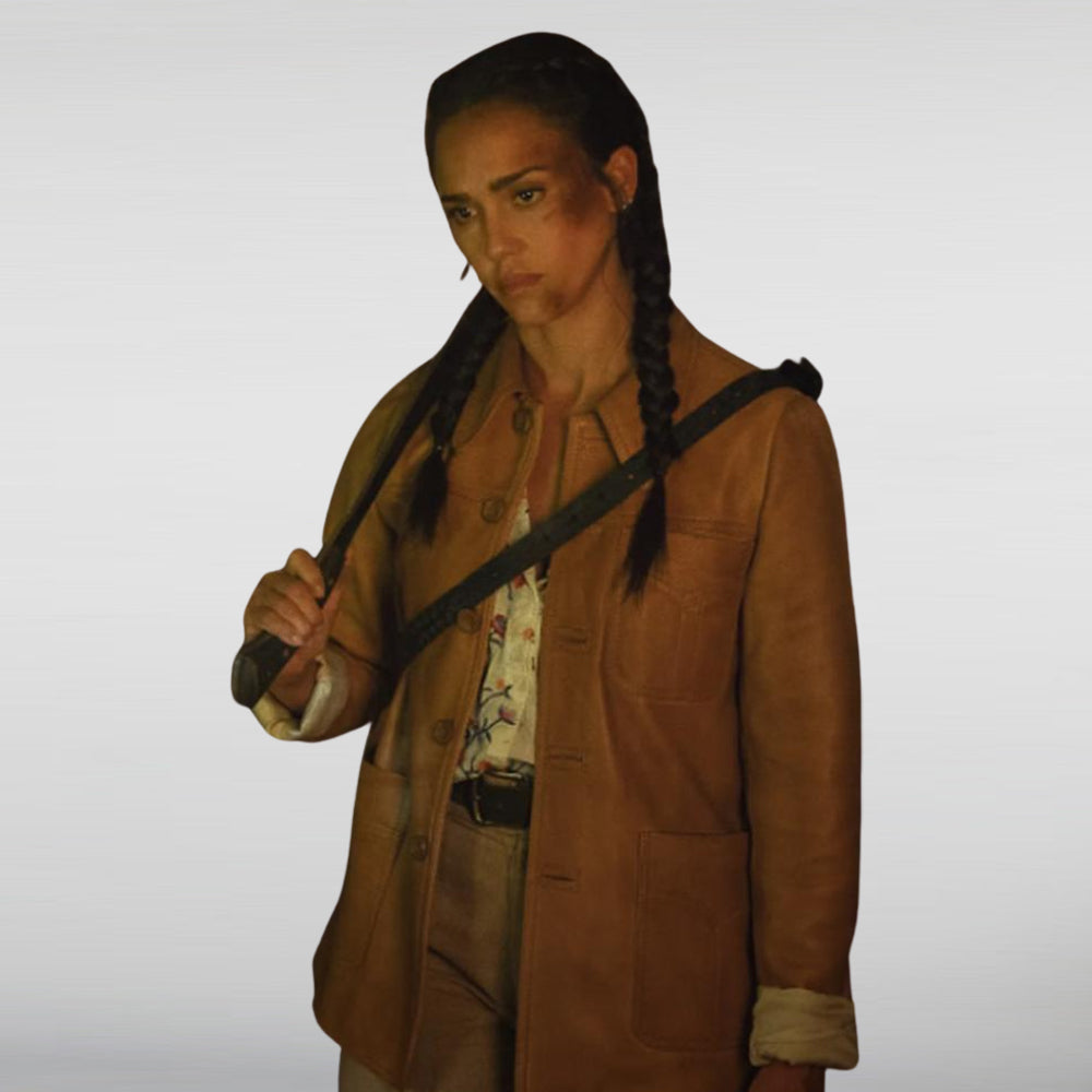 Trigger Warning 2024 Jessica Alba Brown Coat