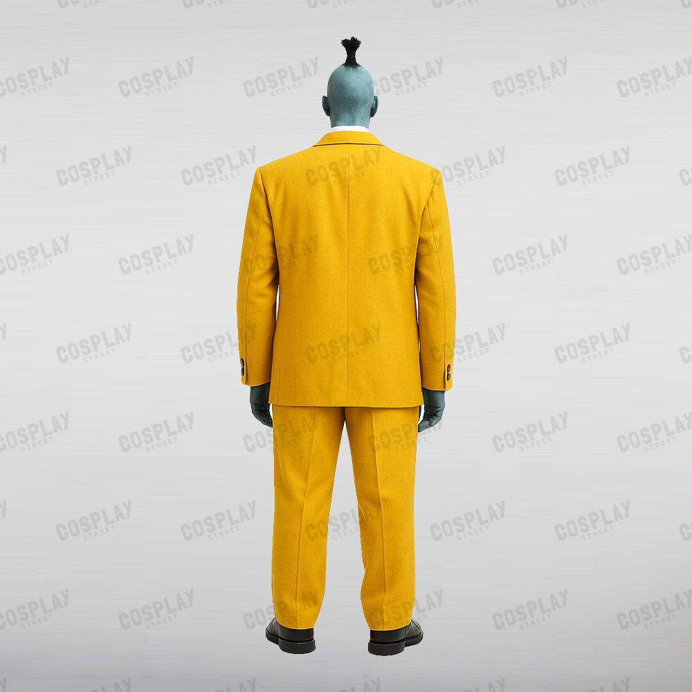 Back view of Beetlejuice Shrunken Head Bob Yellow Suit cosplay showing full yellow jacket and pants outfit.