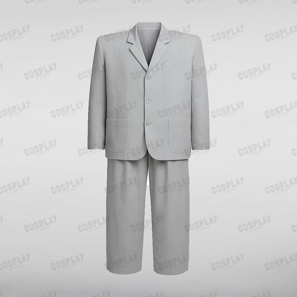Front view of a gray David Byrne big suit costume, styled for an authentic Talking Heads oversize suit cosplay look.