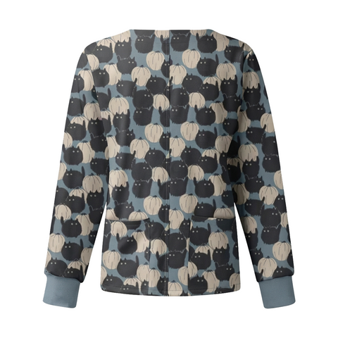 Cat & Pumpkin Halloween Grey Scrub Jacket