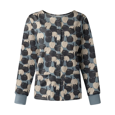 Cat & Pumpkin Halloween Grey Scrub Jacket