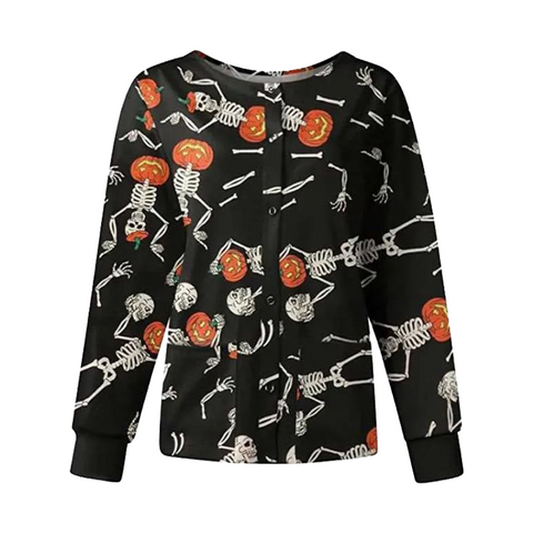 Dancing Skeleton Pumpkin Halloween Scrub Jacket