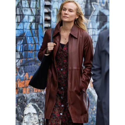 Longing Diane Kruger Brown Leather Coat