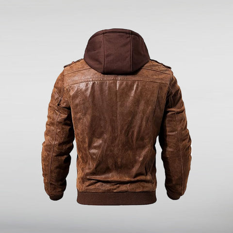 Flavor Mens Brown Leather Hooded Jacket