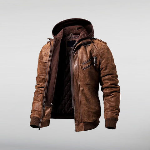 Flavor Mens Brown Leather Hooded Jacket