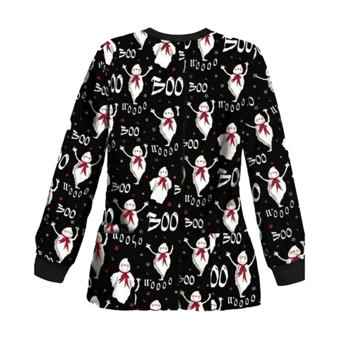 Ghost Print Boo Wooo Halloween Scrub Jacket