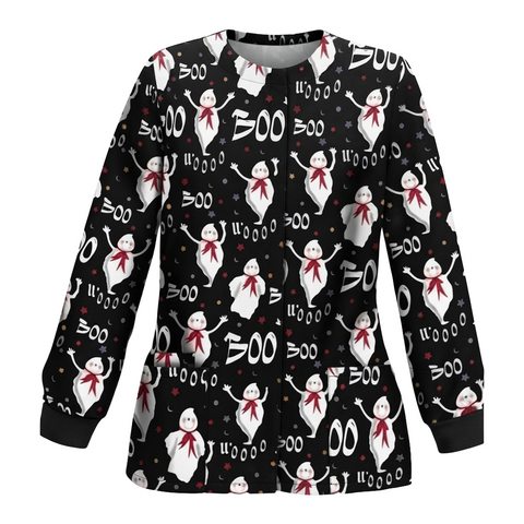 Ghost Print Boo Wooo Halloween Scrub Jacket