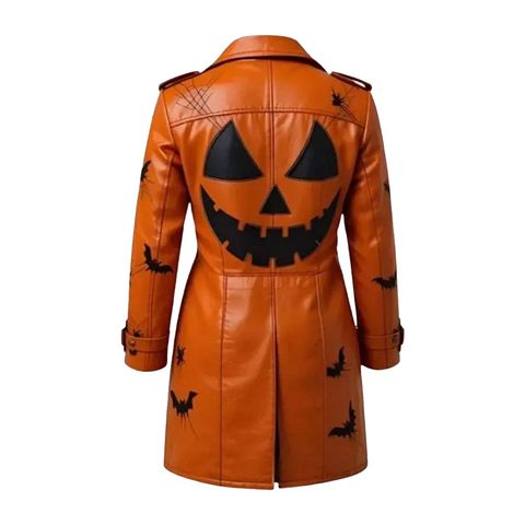 Gothic Jack-o’-Lantern & Bat Orange Leather Coat