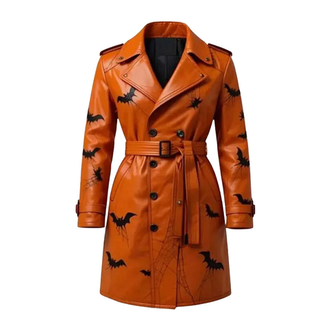 Gothic Jack-o’-Lantern & Bat Orange Leather Coat