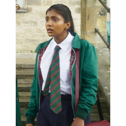 Charithra Chandran How To Date Billy Walsh Green Bomber Jacket