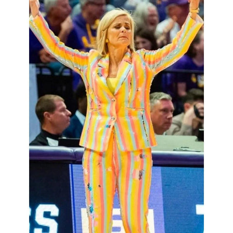 Kim Mulkey Striped Rainbow Suit