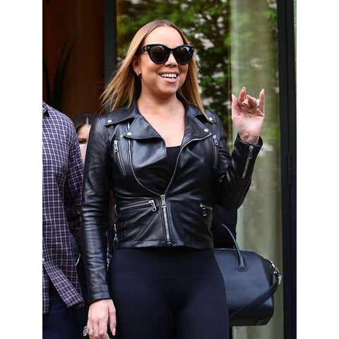 Mariah Carey Street Style Black Leather Jacket