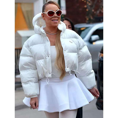 Mariah Carey White Outfit Aspen Colorado White Puffer Hooded Jacket