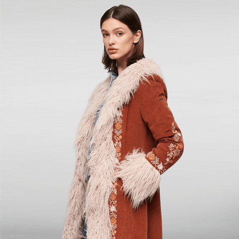 Reddish Rust Cotry Fabric Fur Collar Coat