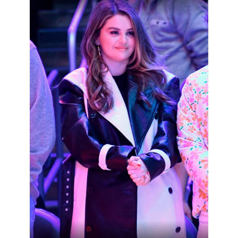 Selena Gomez Black And White Leather Trench Coat