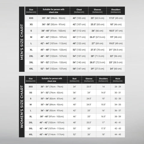 Costume size chart XXS to 5XL