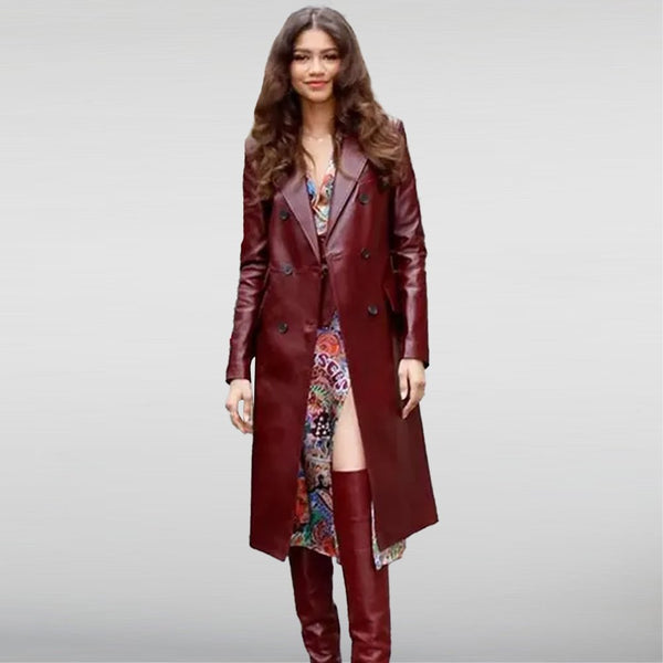 Zendaya Burgundy Trench Leather Coat