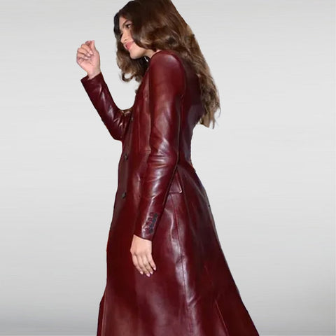 Zendaya Burgundy Trench Leather Coat